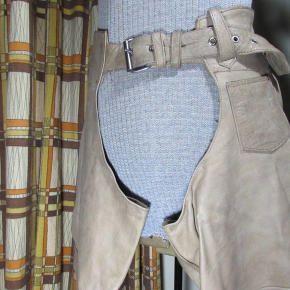 Tan/Light Brown Leather Motorcycle Biker Chaps - Picture 3 of 12